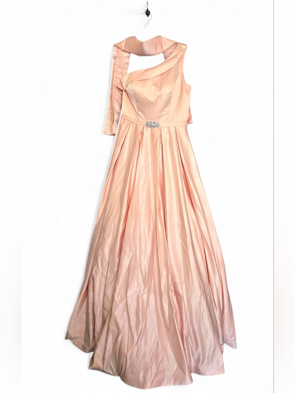 One Shoulder Peach Satin Evening Gown with Crystal Belt Detail (12)